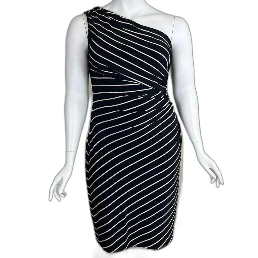 Lauren Ralph Lauren Women Size 16 Black Striped One Shoulder Ruched Sheath Dress